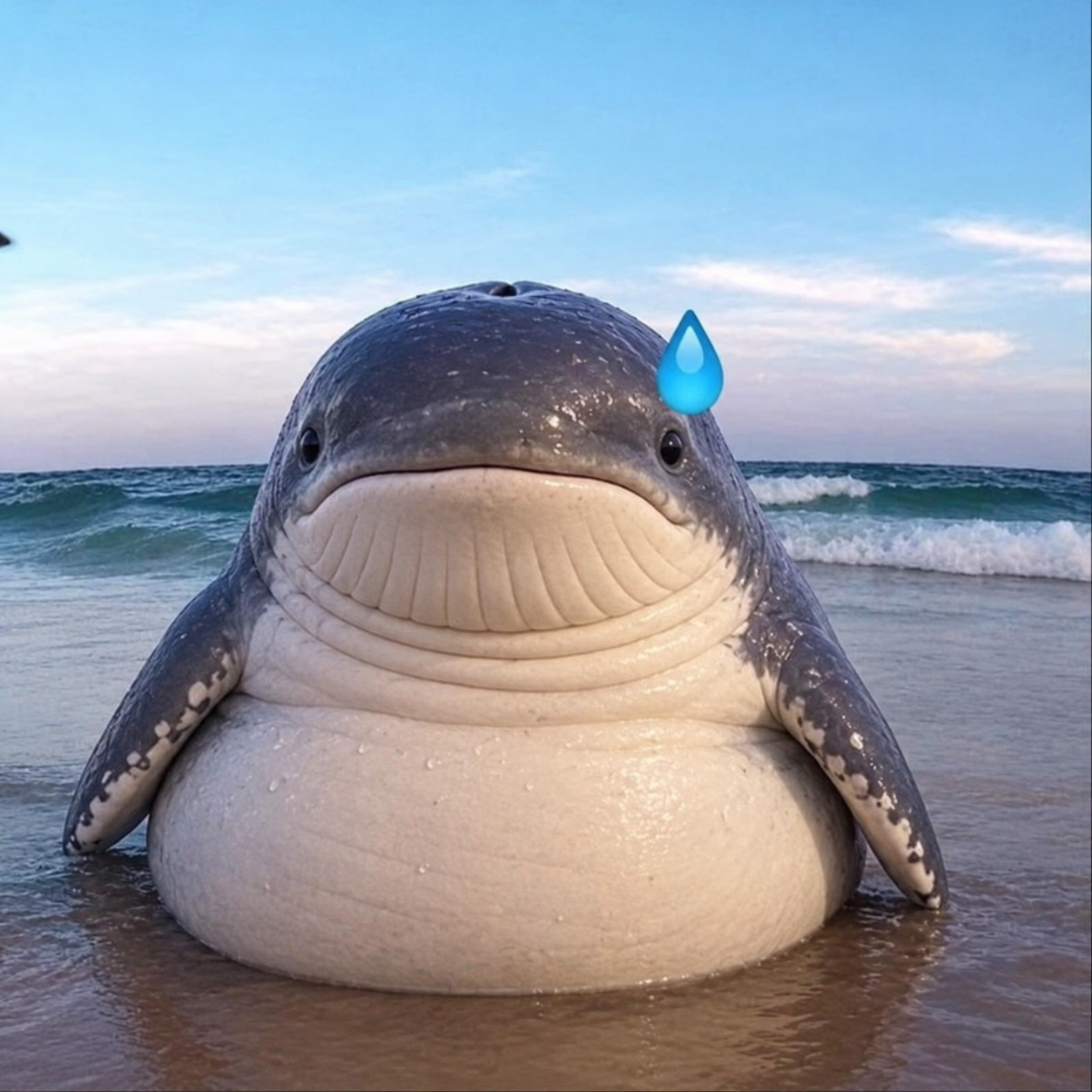 A round little whale sitting at the shoreline with a blue water droplet on its forehead